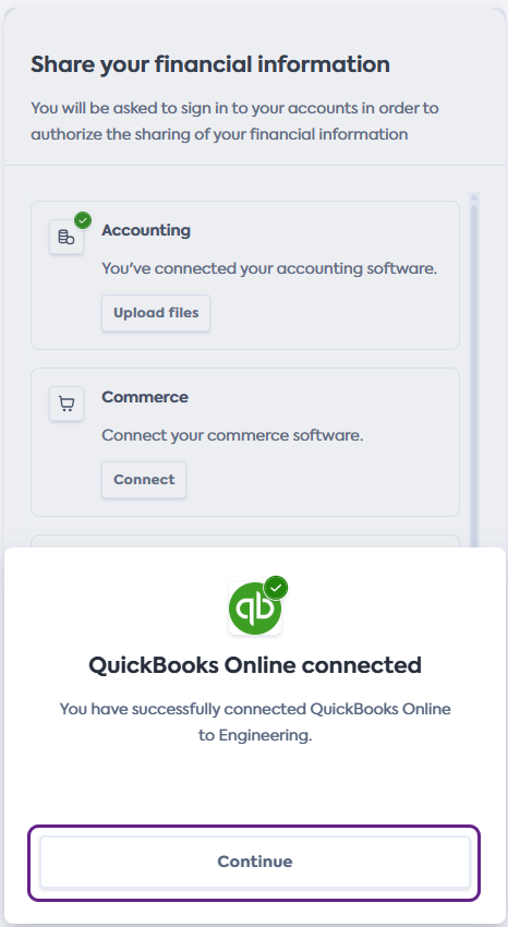 Screenshot of the QuickBooks Online connected screen of Codat's Link Flow with the Continue button highlighted.