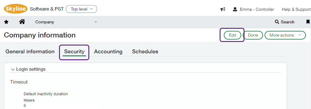 Screenshot of Sage Intacct interface displaying the Company information view opened on the Security tab. The Edit button is highlighted.