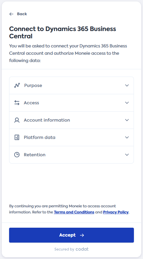 Screenshot of the Connect to Dynamics BC screen of Codat's Link Flow.