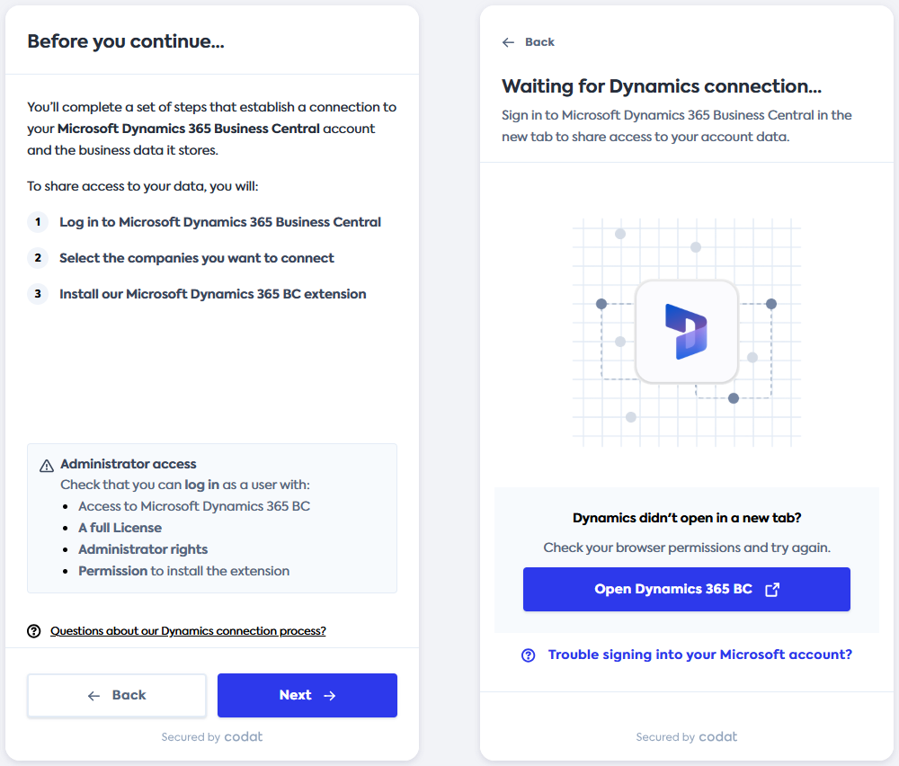 Screenshot of the before you continue and waiting for connection screens with details of the steps required to establish the connection.