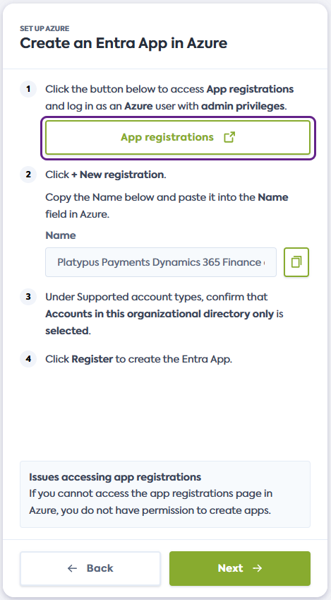 Screenshot of the Dynamics 365 F&amp;O flow - Create Entra App step. The link button that says App registrations is outlined in bold.