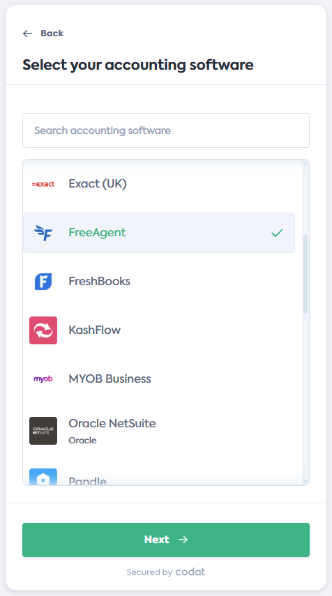 Screenshot of the Select your accounting software screen of Codat's Link Flow. It displays a list of integrations. Freeagent tile is selected.