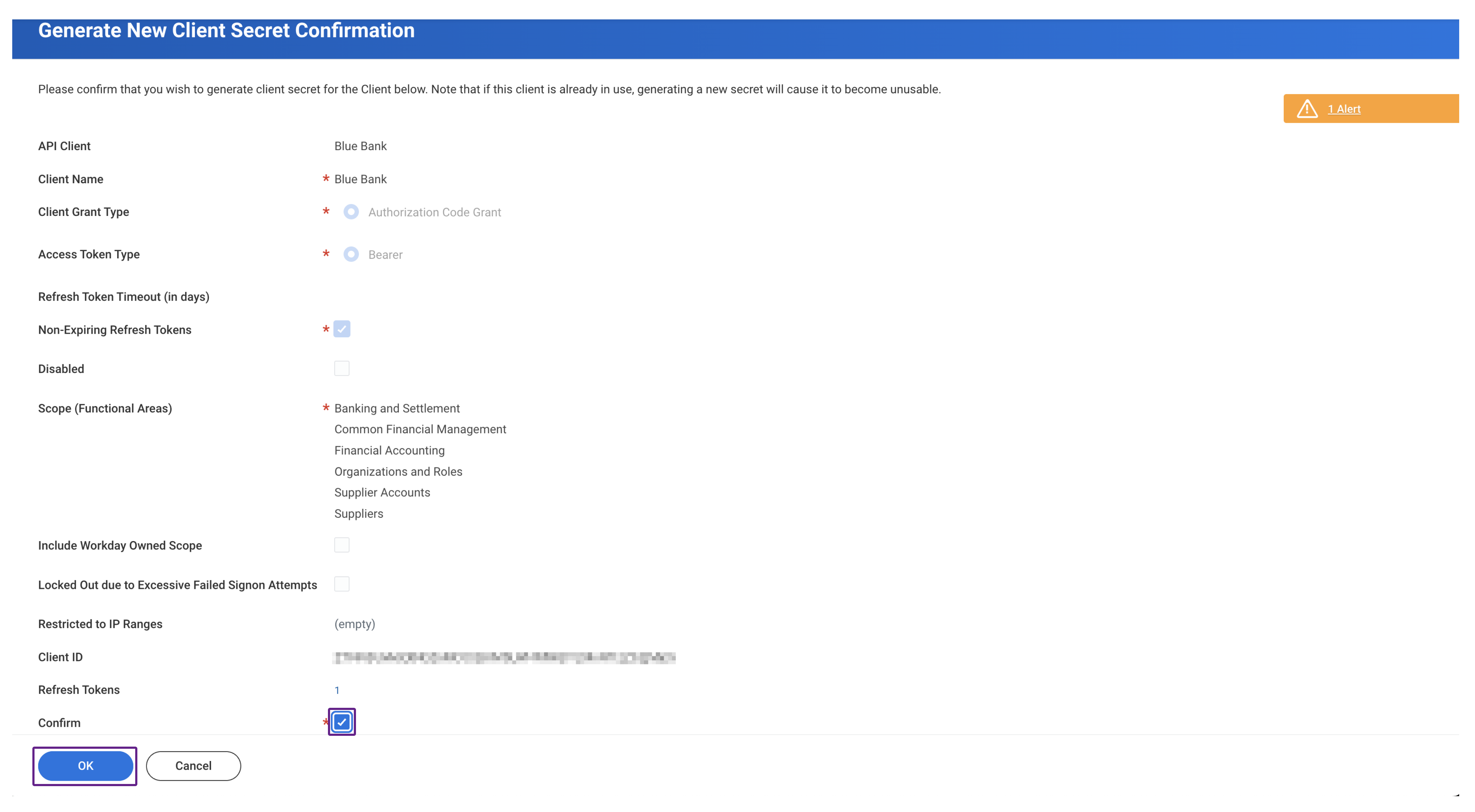 Screenshot of Workday’s interface displaying the Generate New Client Secret Confirmation dialog with the Confirm checkbox checked.