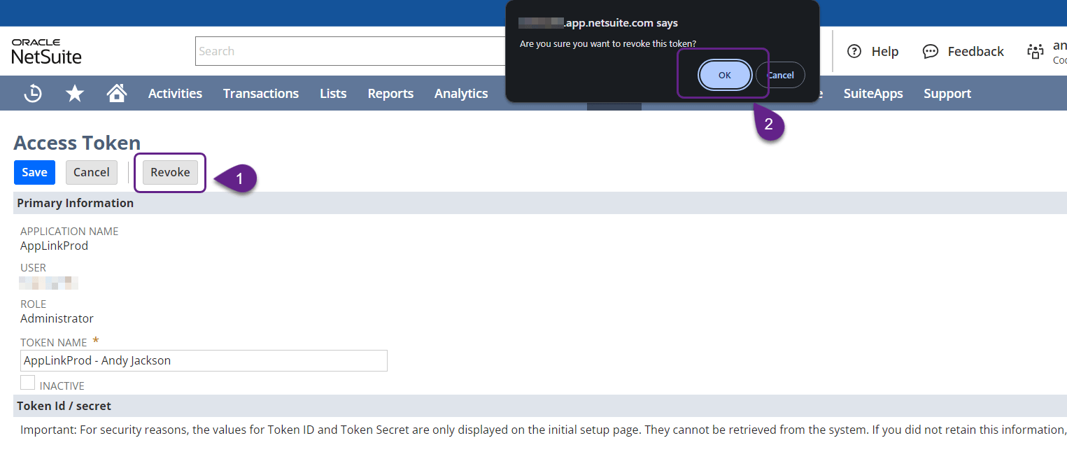 Screenshot of the NetSuite interface access token screen with the Revoke and OK buttons outlined for attention